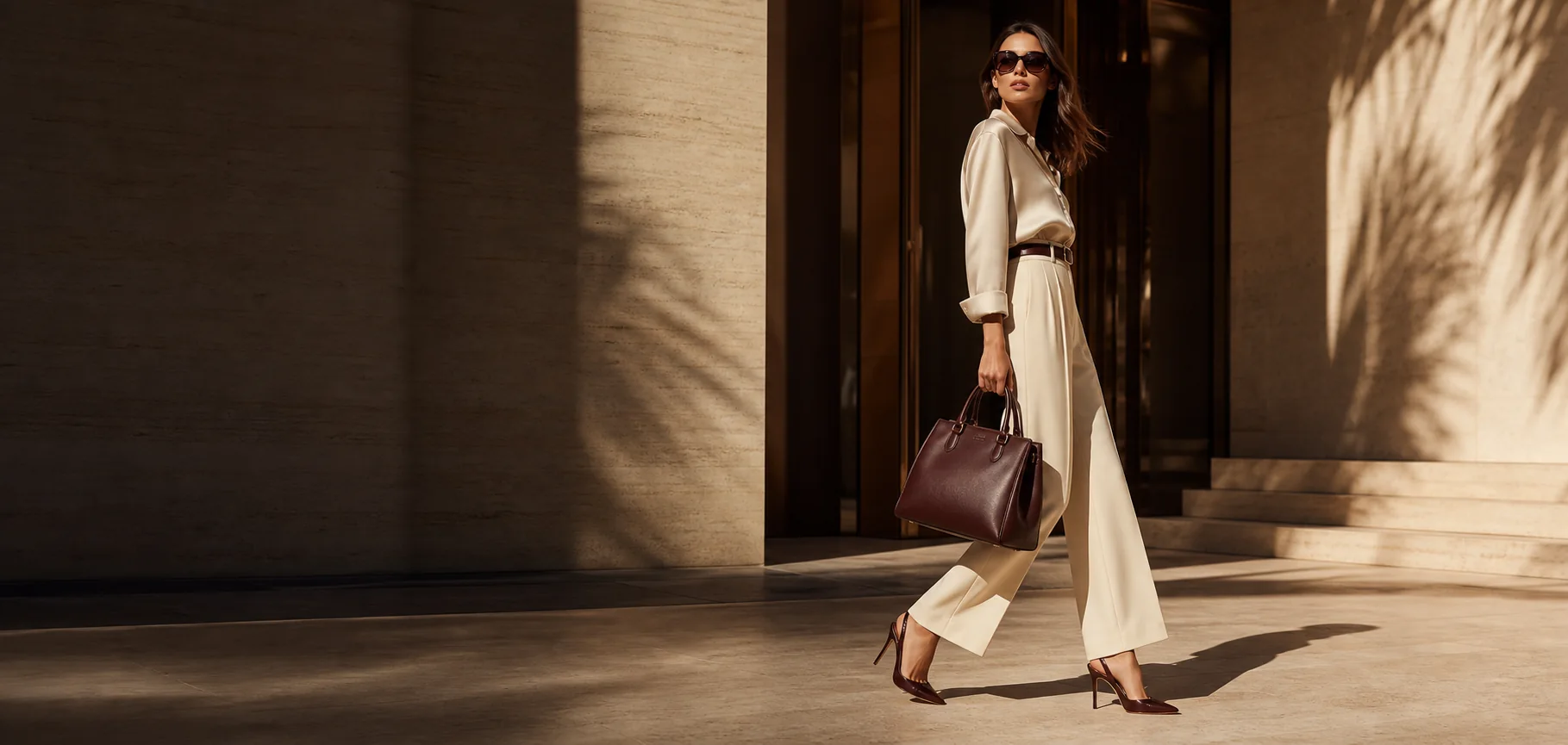 Modelo editorial con lentes oversized, bolso de piel premium y tacones de lujo